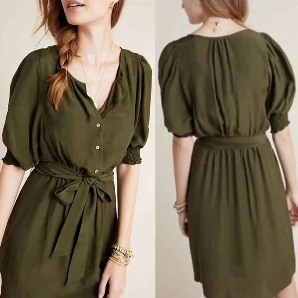 Anthropologie Shirt Dress Womens Small Nicole Linen Blend Green Puff Sleeve - Picture 1 of 14